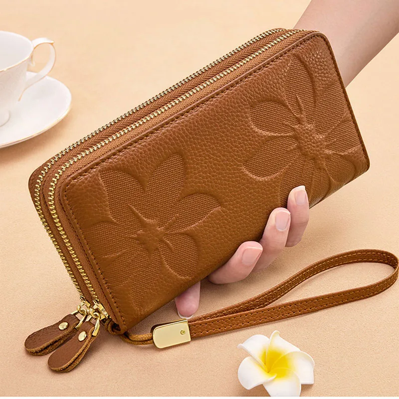 BANYANU Fashion RFID Blocking Grain Cowhide Leather Women Wallet Long Luxury Business Card Case Bag Zipper Lady Purse Wallets