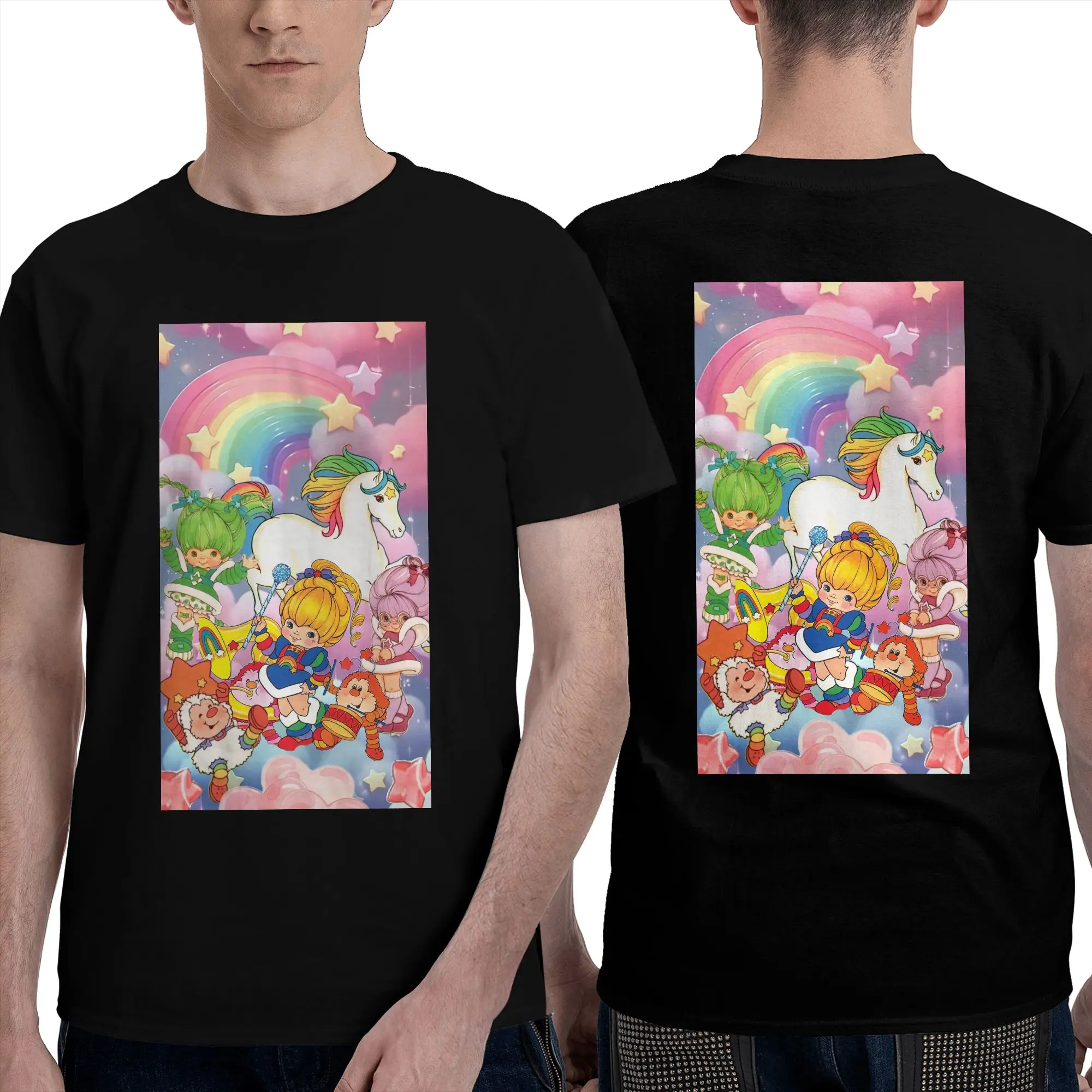 100% Cotton Cartoon Cute Rainbow Brite T-Shirt Men's Double Sided T Shirt Men Round Neck Summer Shirts Tops Oversized