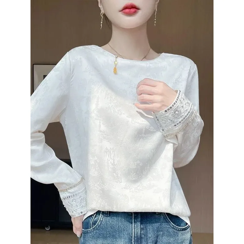 

Новая женская атласная блузка с круглым вырезом в китайском стиле, жаккардовая, повседневная, для весны и осени