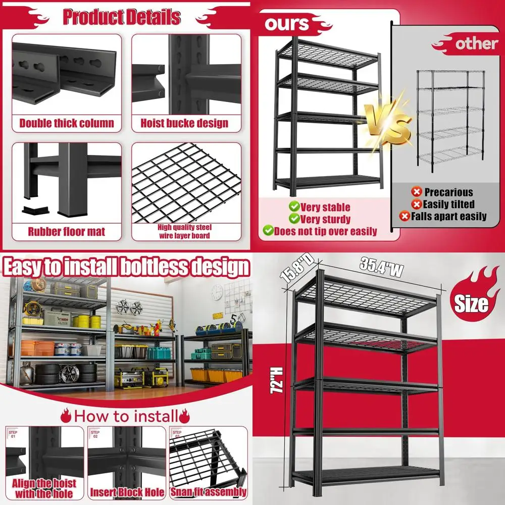 

5-Shelf Heavy-Duty Metal Storage Rack, 35.4x15.7x72, Large Capacity, Adjustable Height, Black