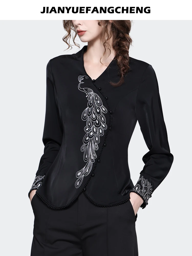 Fashion Peacock Embroidery Women Irregular Shirt 2023 Autumn Long Sleeve V-Neck Ladies Top Beaded Elegant Slim Casual Shirts