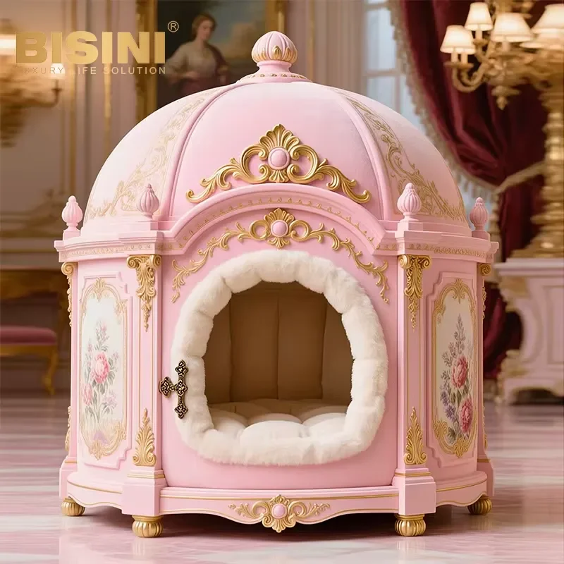 Classical Pink Solid Wood Hand Carving Human Pet Integrated Home Furniture Fireplace Style Cat Dog Villa Cat Dog House Nest