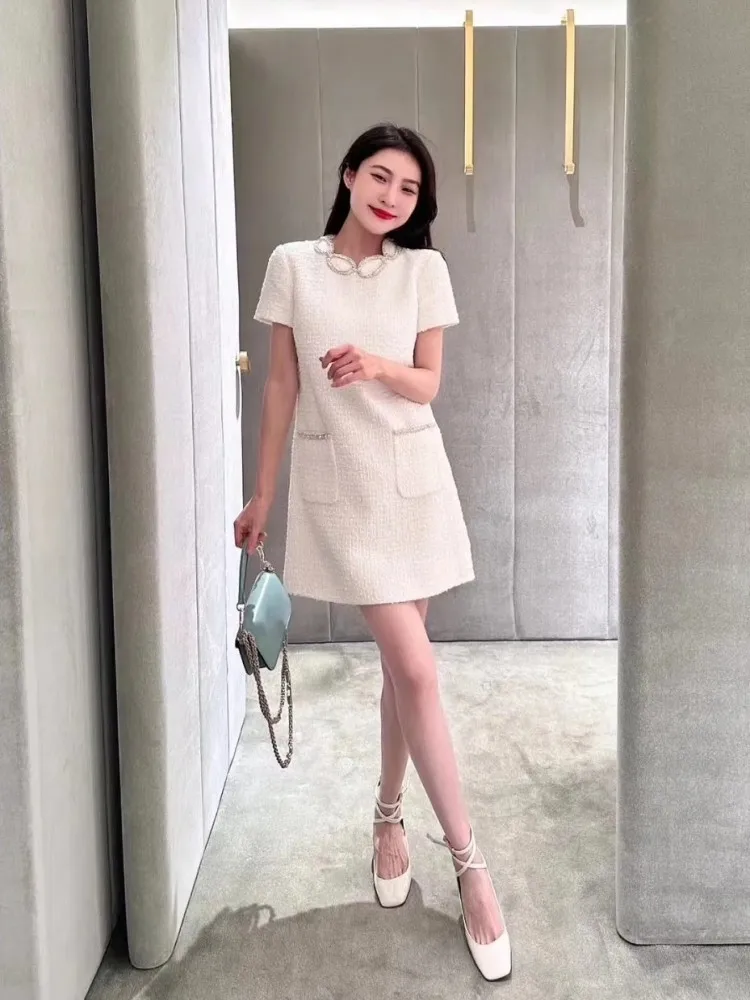 Office Ladies Elegant Tweed Dress Straight Short Sleeve Fashion French Style Women Dresses O-Neck Diamonds Zipper Casual Dress