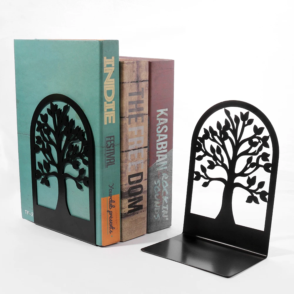 Hollow metal tree book end bookshelf bracket sample book end iron desktop art anti slip frame school stationery