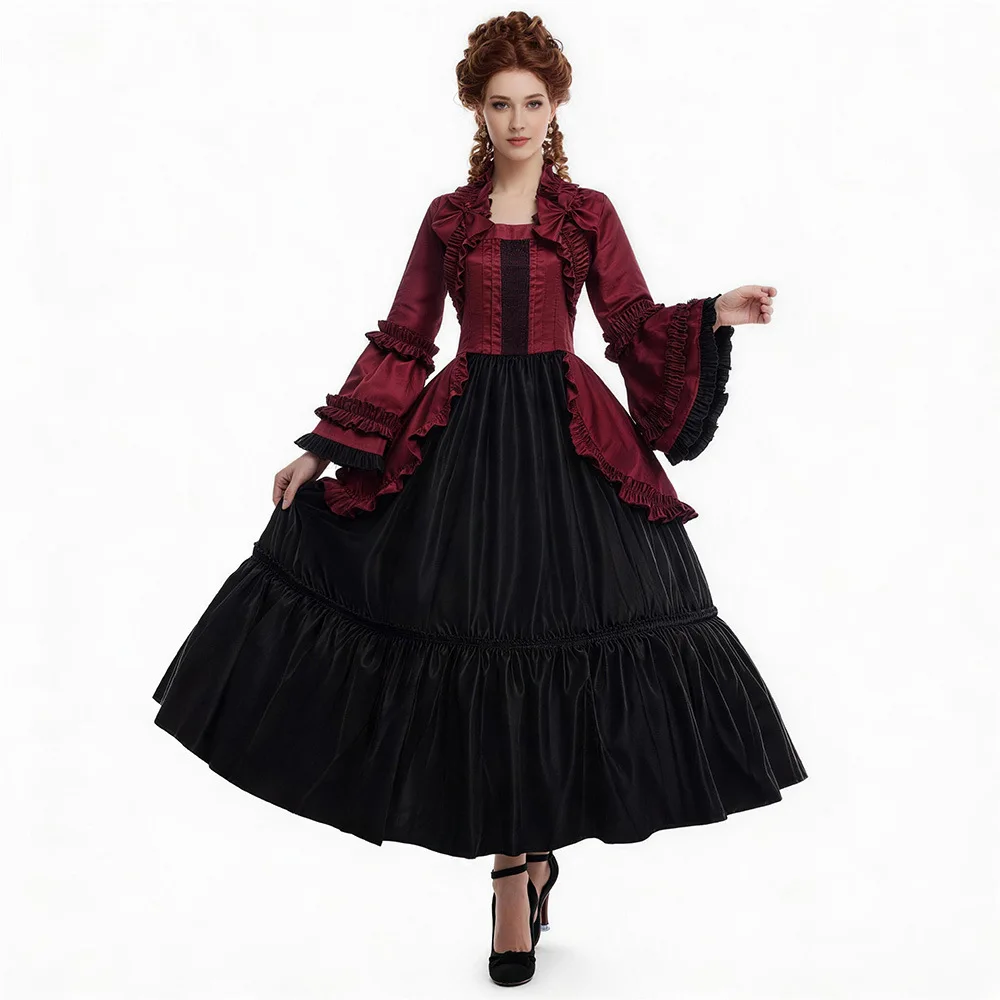 Medieval Flare Sleeve Dress Victorian Party Formal Gown Renaissance Gothic Floral Ruffle‌ Court Vintage Dress Halloween Costume