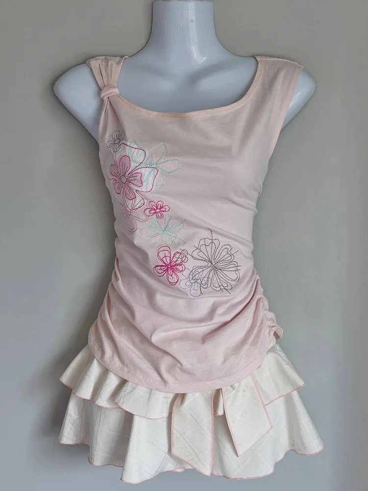 플로럴 오리지널 레트로 유니크 아름다운 어깨 노출 핑크 슬림핏 반팔 티셔츠 여성 니치 디자인 여름 코튼 캐주얼 탑