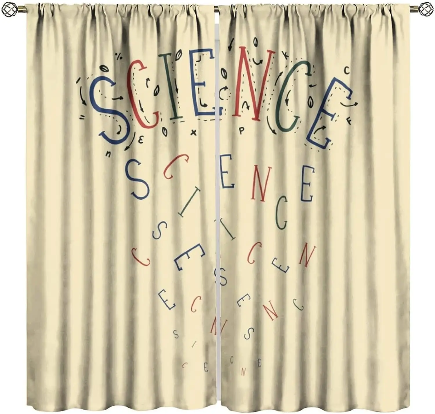 Decorative Science Doodle Curtain 2pcs Beige Window Curtain Academic Classroom Study Pattern Filtering Panel for Home Decor