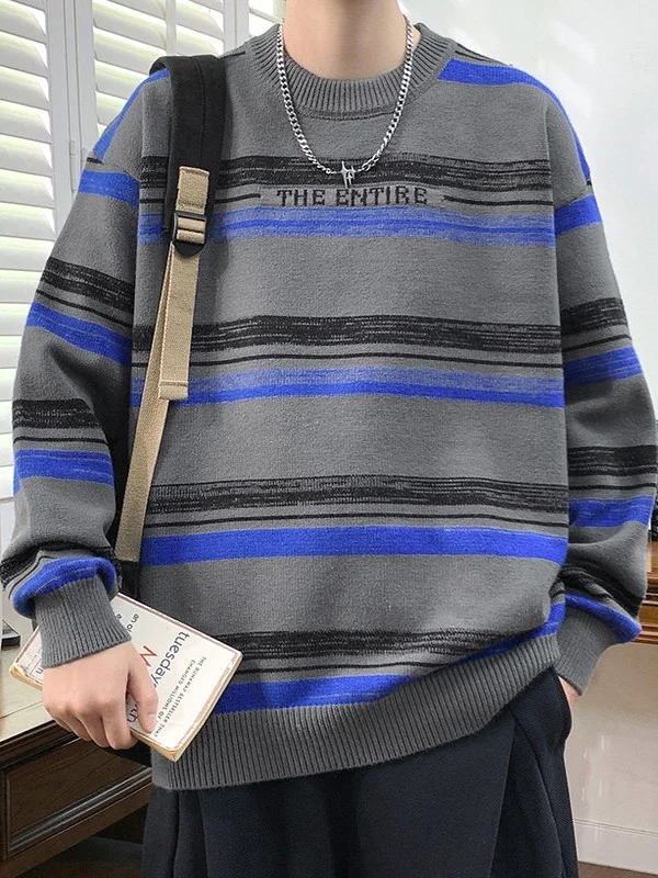 

Теплый полосатый вязаный свитер с круглым вырезом для мужчин, молодежи и студентов, повседневный зимний базовый слой, мягкий, из смесового полиэстера