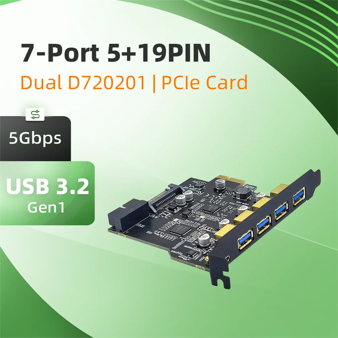 PCIe USB3.2 Gen1 5Gbps Adapter Card 7 Ports 19PIN Front Header Renesas D720201 Dual Chip Desktop PC Expansion Card