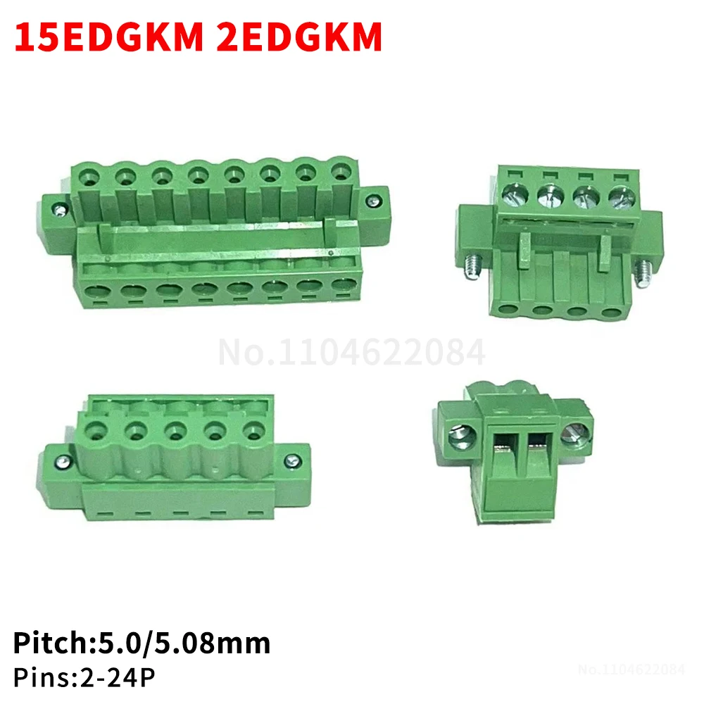 (5 pcs) KF 2EDGKM 5.08mm 5.0mm Plug-in green terminal block PCB wiring plug with flange fixing 2~24P 15EDGKM 5.0 / 5.08