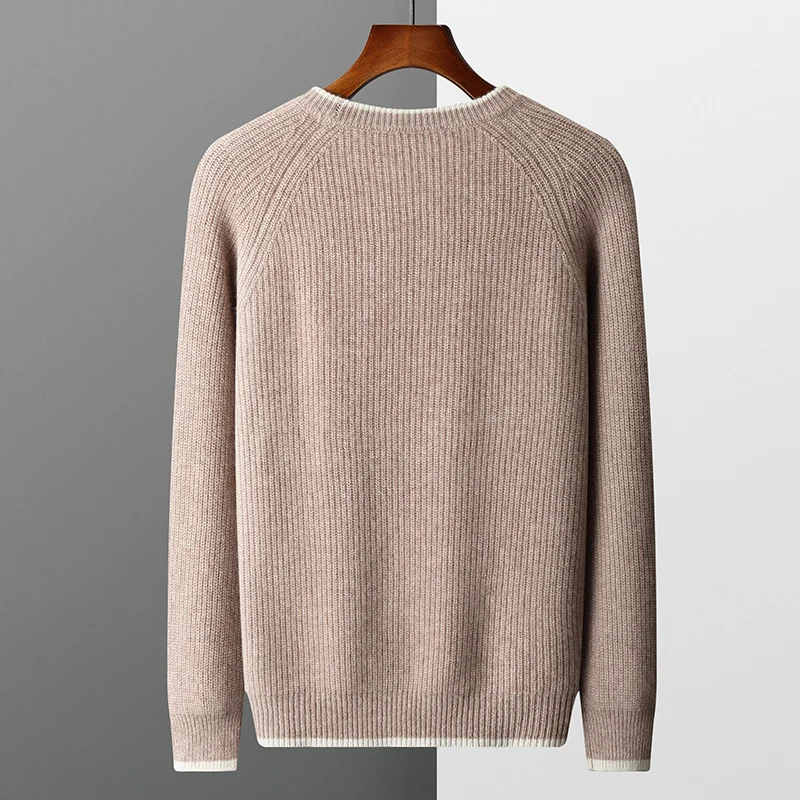 Autumn and winter new men\'s 100% Merino wool O neck loose and thick pullover color blocked cashmere sweater casual business top