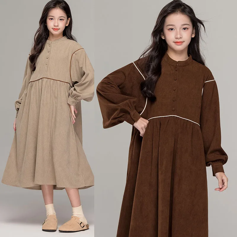 

Corduroy Big Girls Dresses Fall Winter Kids Clothing New 2025 Teens Girl Khaki Dress Brown Cute Long Dress Size 6 To 40 Years