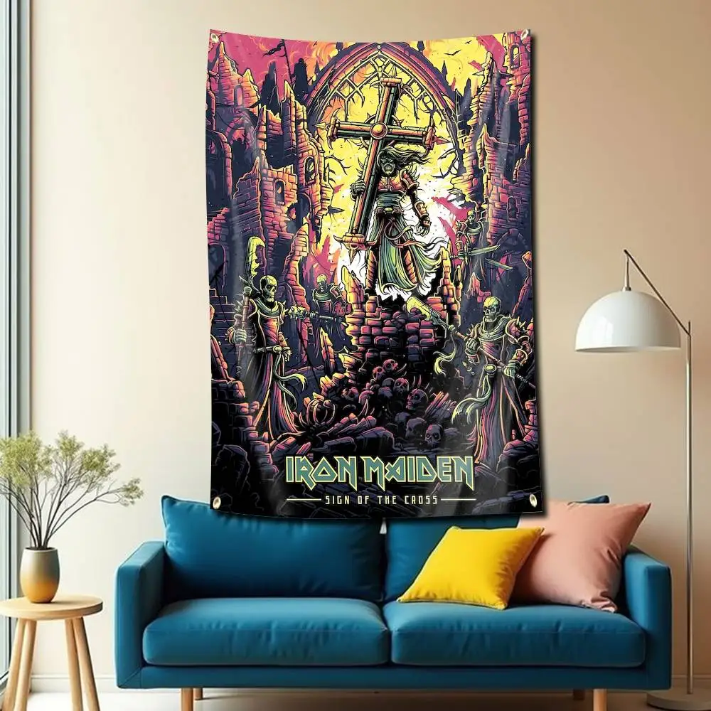 The Beast E-Eddie I-Iron M-Maiden Vlagtapijt Banner voor Slaapkamer Woonkamer Buiten Kamperen Op maat ondersteund