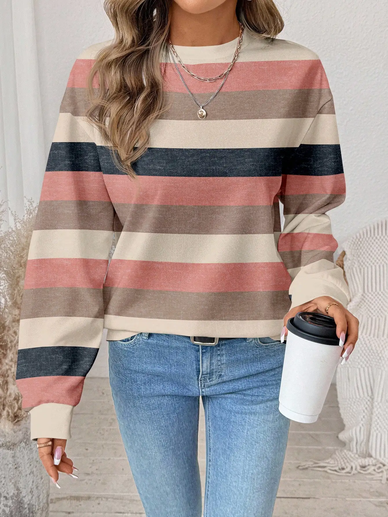

Женская свободная толстовка в полоску с круглым вырезом, повседневный топ с длинным рукавом для осени