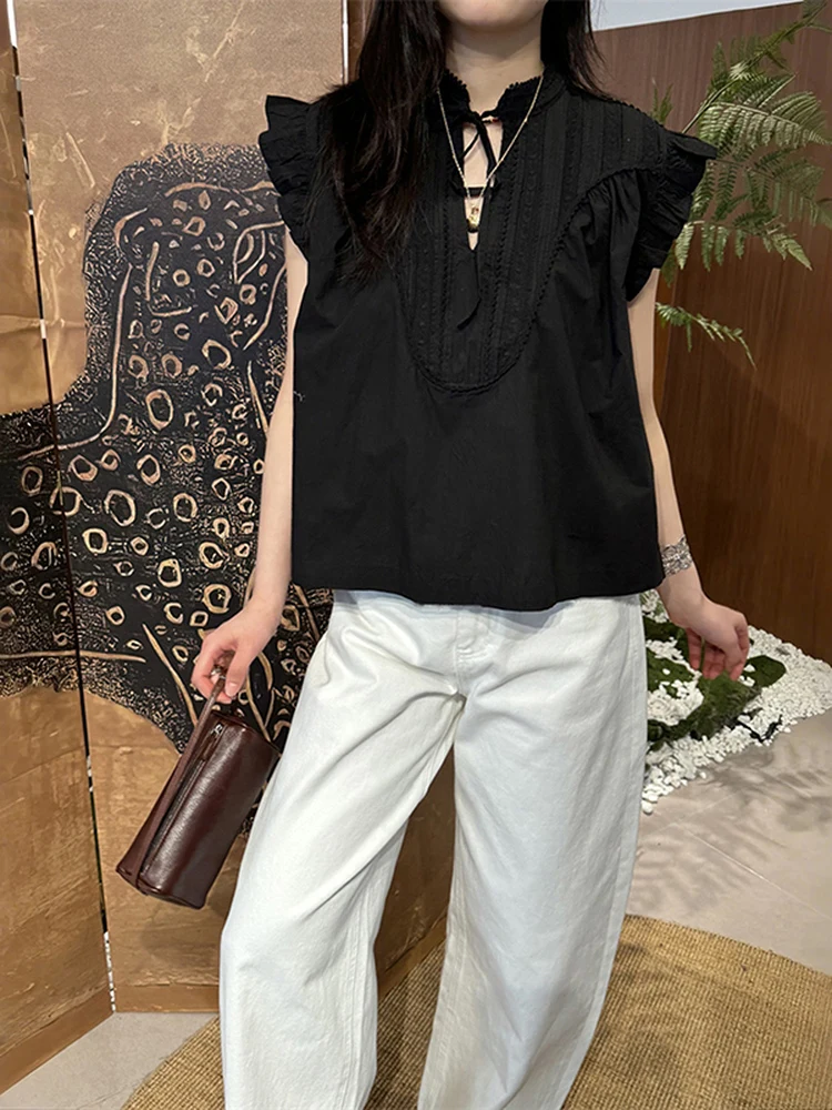 Princess Style Sweet Lace Collar Bow Tie Dress Slimming Effect Pure Cotton Short Sleeve Women's Shirt Floral Design