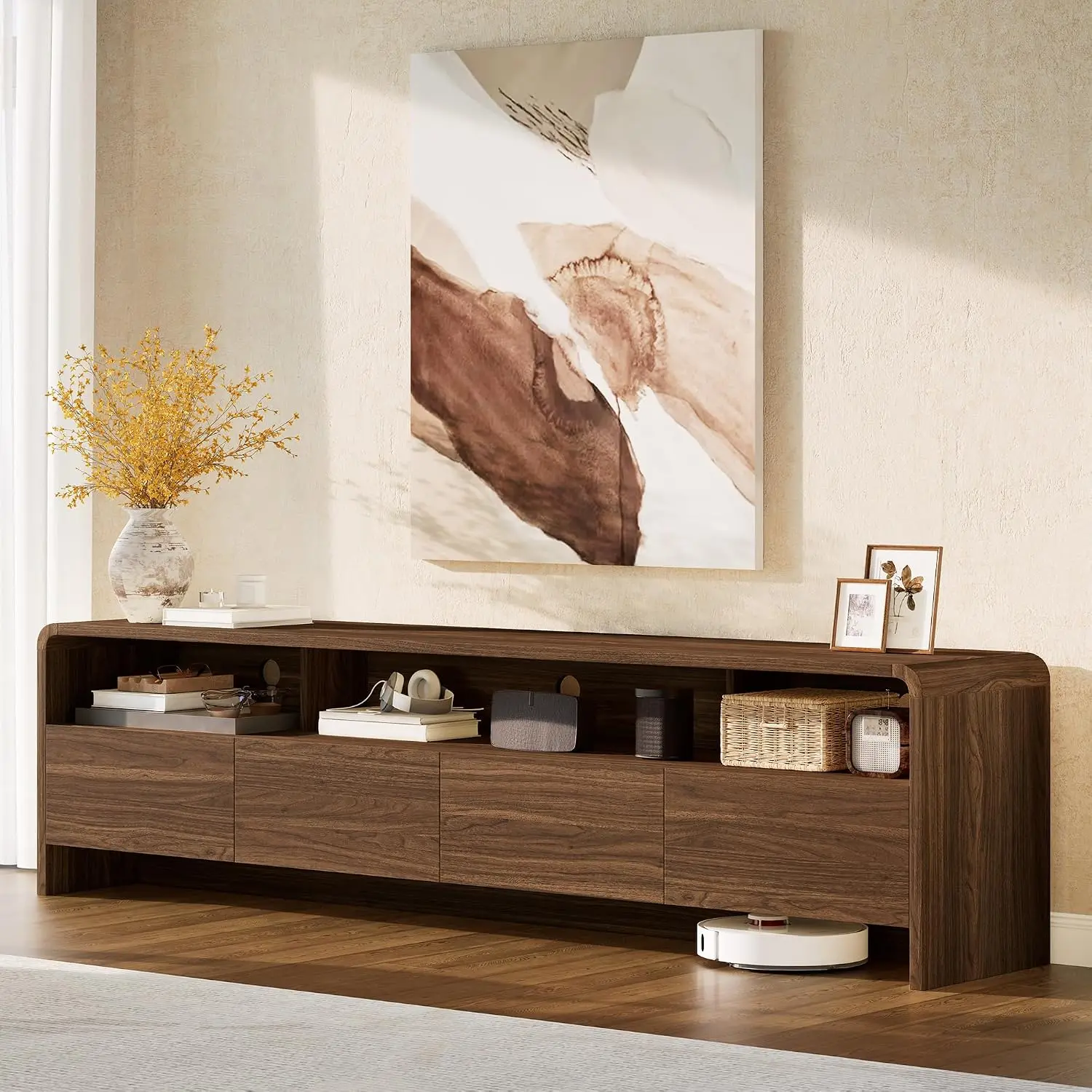 70" Wood TV Stand Curved Edge TVs To 80", Console Open Shelves & Storage Cabinets, Media Table Living Room, Customized