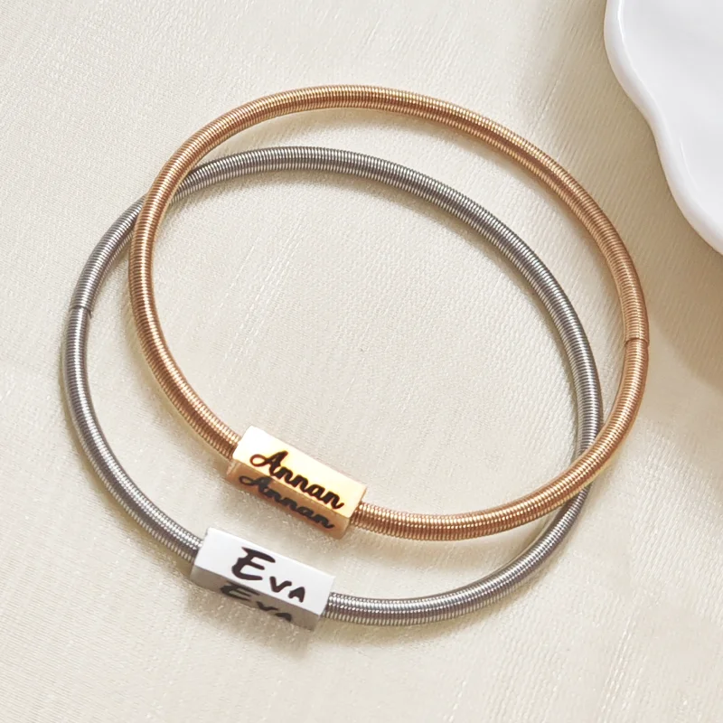 

Customized Couple Name Bracelet Personality Simple Stainless Steel Elastic Charm Bracelet DIY Jewelry Bangles Birthday Gift