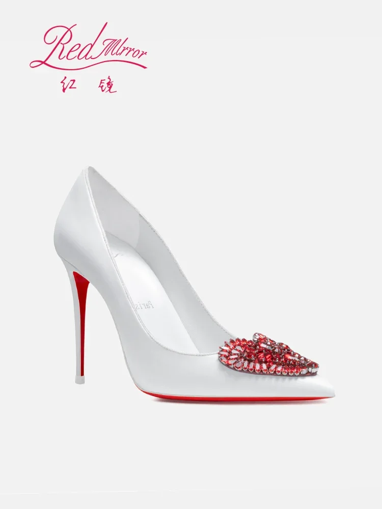 Red soled heart-shaped rhinestone shallow mouth pointed white high heels, feminine temperament, slim heels, wedding single shoes