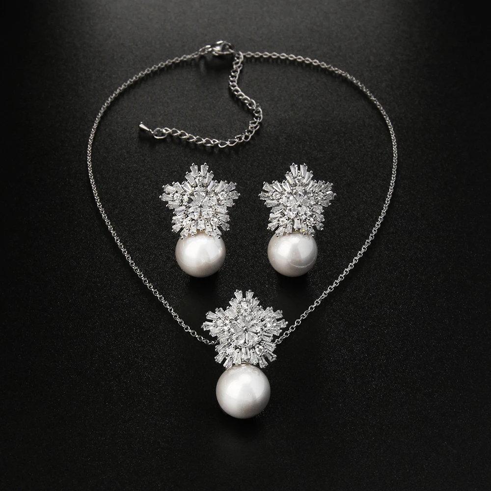 SUGO Classic Fashion Snowflake Zircon with Pearl Earrings Necklaces Jewelry Sets for Elegant Women Dinner Accessories