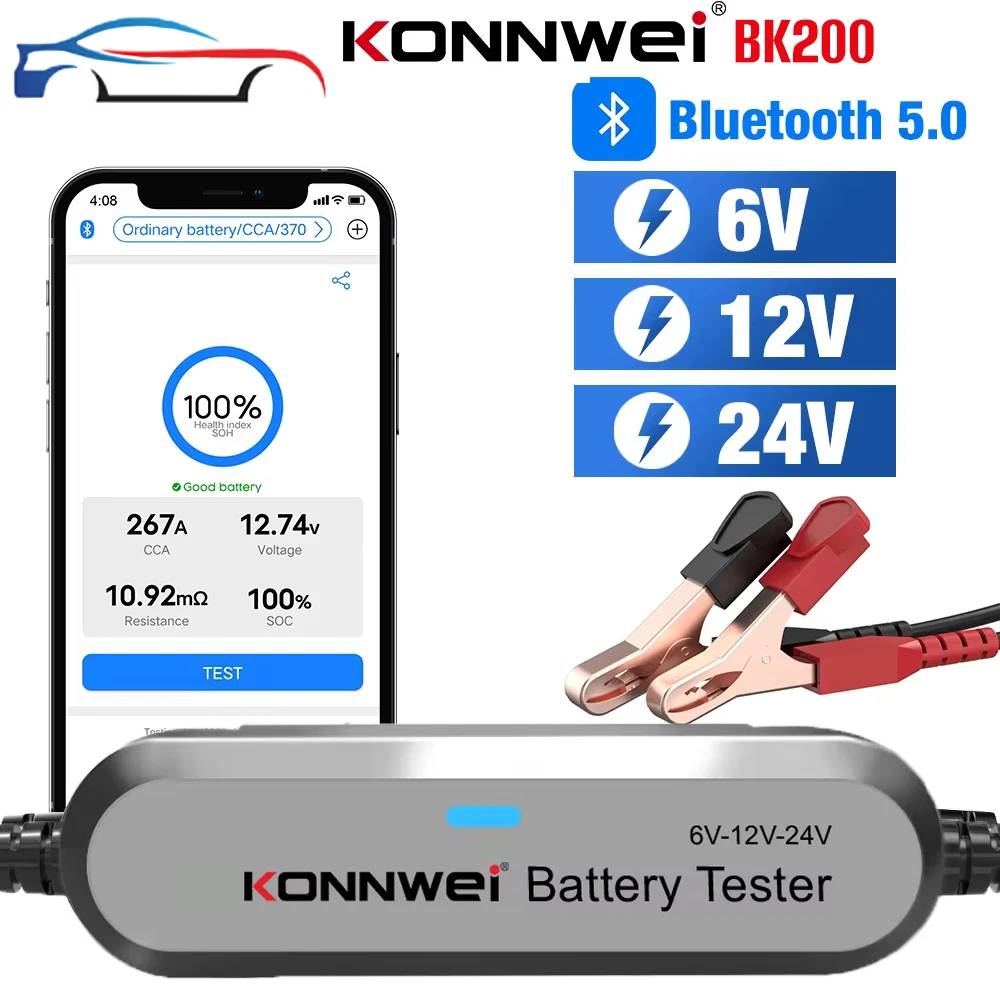 

KONNWEI BK200 Bluetooth 5,0 тестер аккумулятора для автомобиля, мотоцикла, грузовика, 6/12/24 В, анализатор аккумулятора 100-2000 CCA, тестеры зарядки