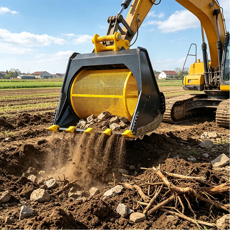 Durable Excavator Rotary Screening Bucket Hydraulic Attachment for Rock Gravel Soil Recycling and Quarry Operations