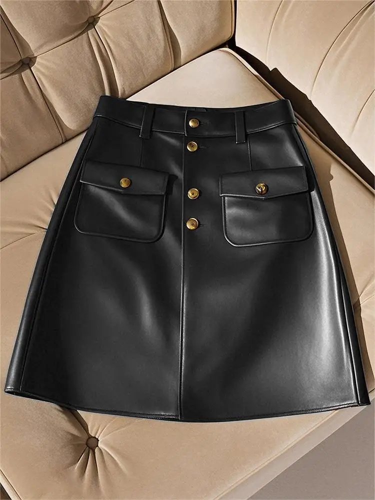 Autumn/Winter Leather Skirt, Half body  Women's  2025 Autumn New  Medium and Long Word Skirt, Hip Wrapping Skirt,