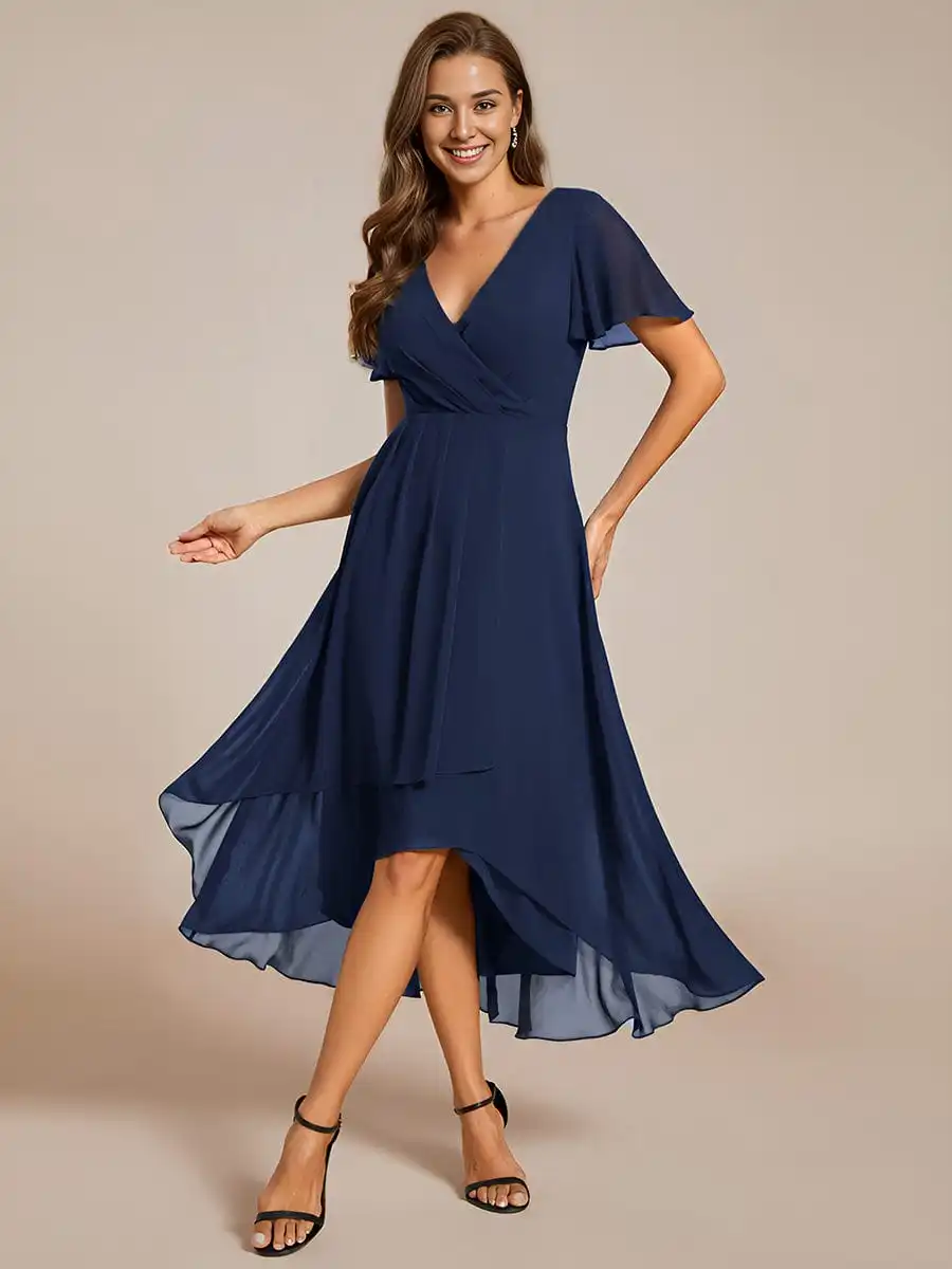 Elegant Evening Dresses Ruffles Sleeve Pleated V-Neck Midi 2024 Ever pretty of A-Line Navy Blue Chiffon Wedding Guest Dress