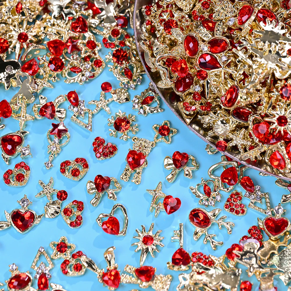 30 قطعة متنوعة من زينة الأظافر الفاخرة من الكريستال الأحمر وسبائك الذهب، تصميم ثلاثي الأبعاد على شكل قلب/أرنب/دب لعيد الحب، مجوهرات مانيكير حمراء للزينة