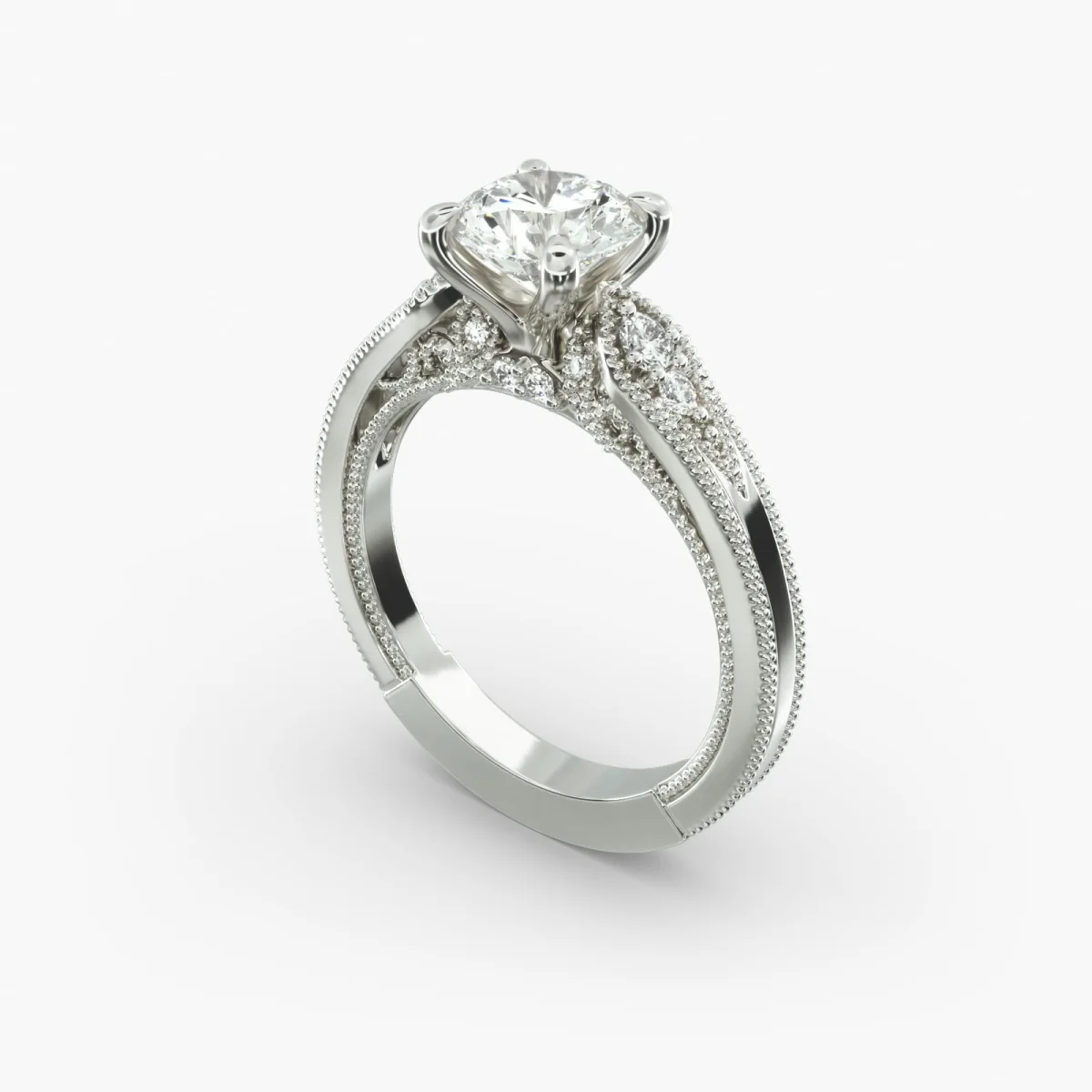 Round Cut Diamond Ring 0.5-3.0ct Lab Grown Genuine Diamond PT950/14K/18K White Gold Vintage Milgrain Accents For Anniversary