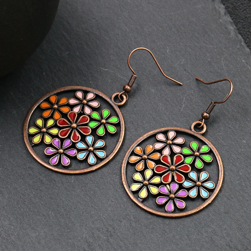 Etnische Boho Kleurrijke Emaille Oorbellen Voor Vrouwen Bomemain Retro Holle Bloem Ronde Geometrische Vintage Drop Dangle Oorbellen Sieraden