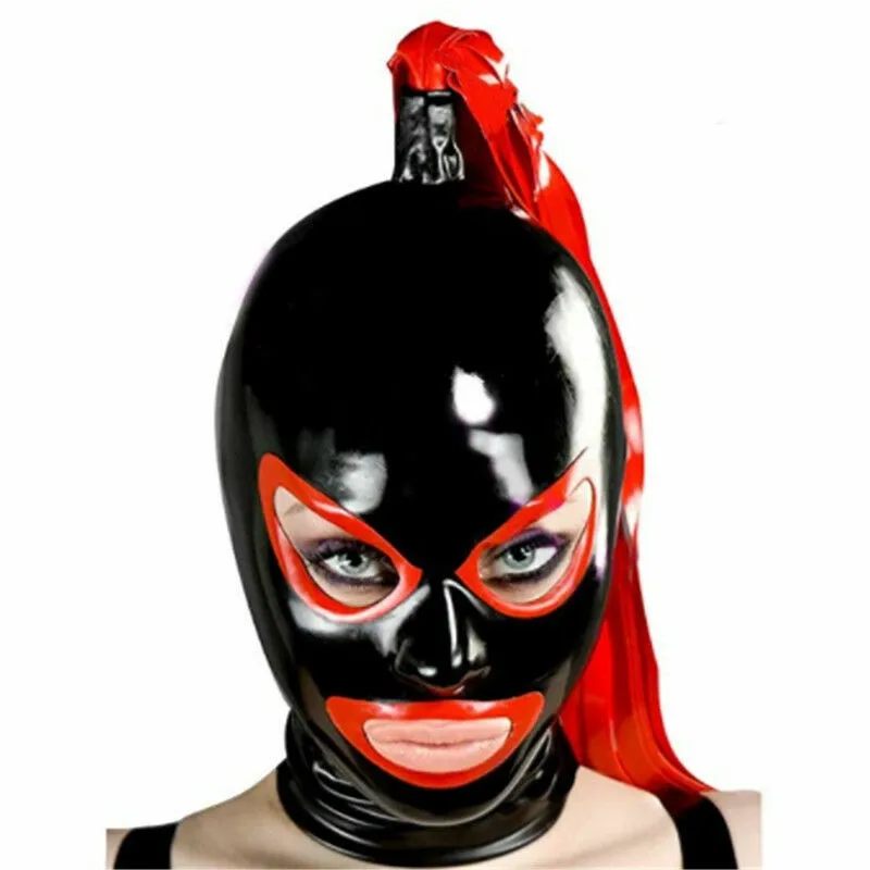 

Red Latex Hood with Red Latex Wig with Open Eyes and Mouth Rubber Mask Character