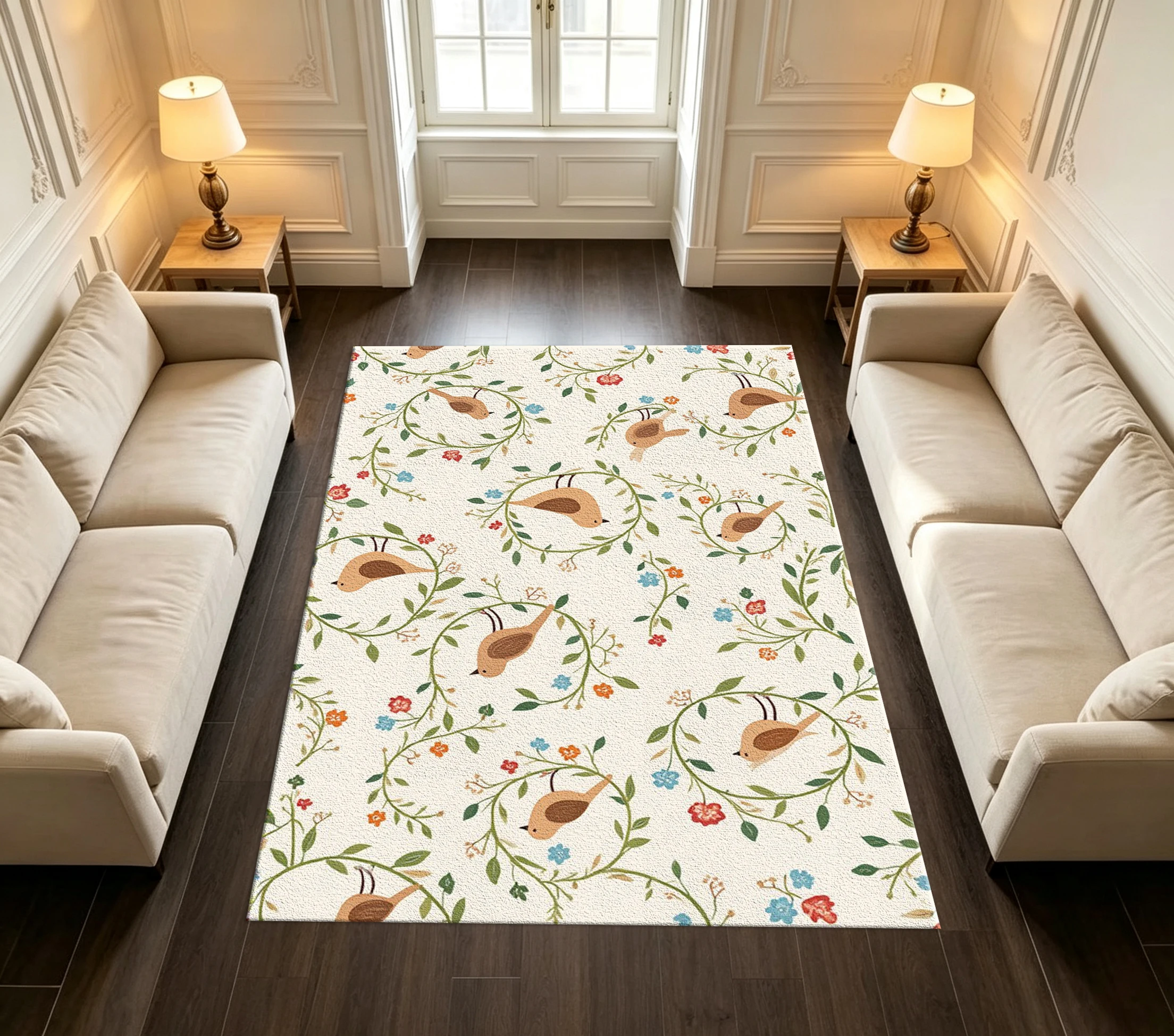 Cute Bird and Floral Vine Print Carpet, Fresh Pastoral Style Bedroom Floor Carpet