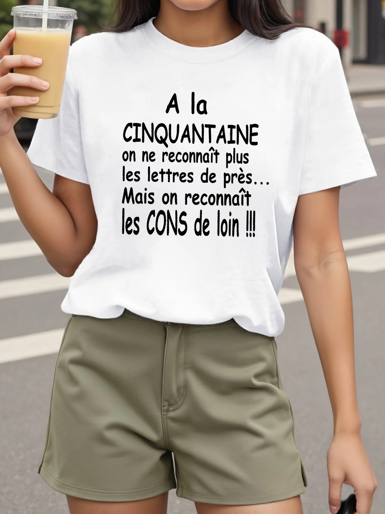 تي شيرت نسائي بأكمام قصيرة A la CINQUANTAINE طباعة حروف فرنسية رقبة دائرية كاجوال للصيف والربيع #1