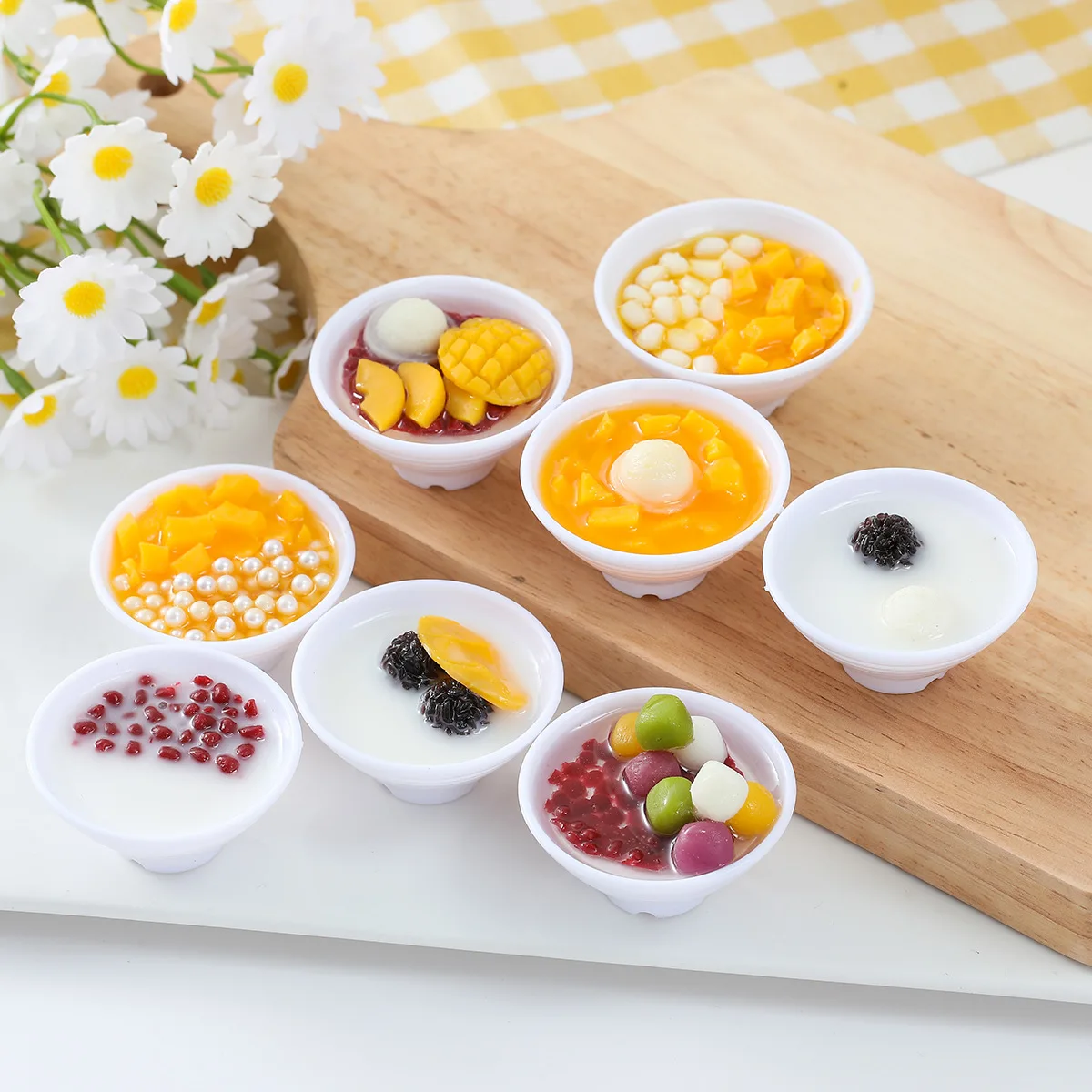 Simulation Mini Dessert Bowl Model Ice Cream Food Decoration Products Crafts Dollhouse Kitchen Accessories With Chain 2pc/lot
