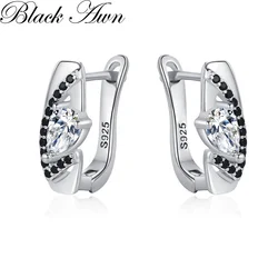 Black Awn Classic Silver Color Round Black Trendy Spinel Engagement Hoop Earrings for Women Jewelry Bijoux I309
