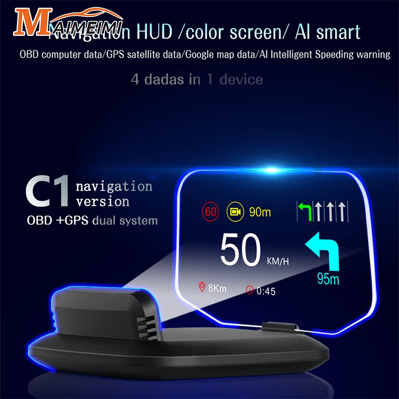 C1 Navigation Projection For HUD OBD2 GPS Bluetooth-compatible Auto Head Up Display Overspeed RPM Voltage Warning Car Parts