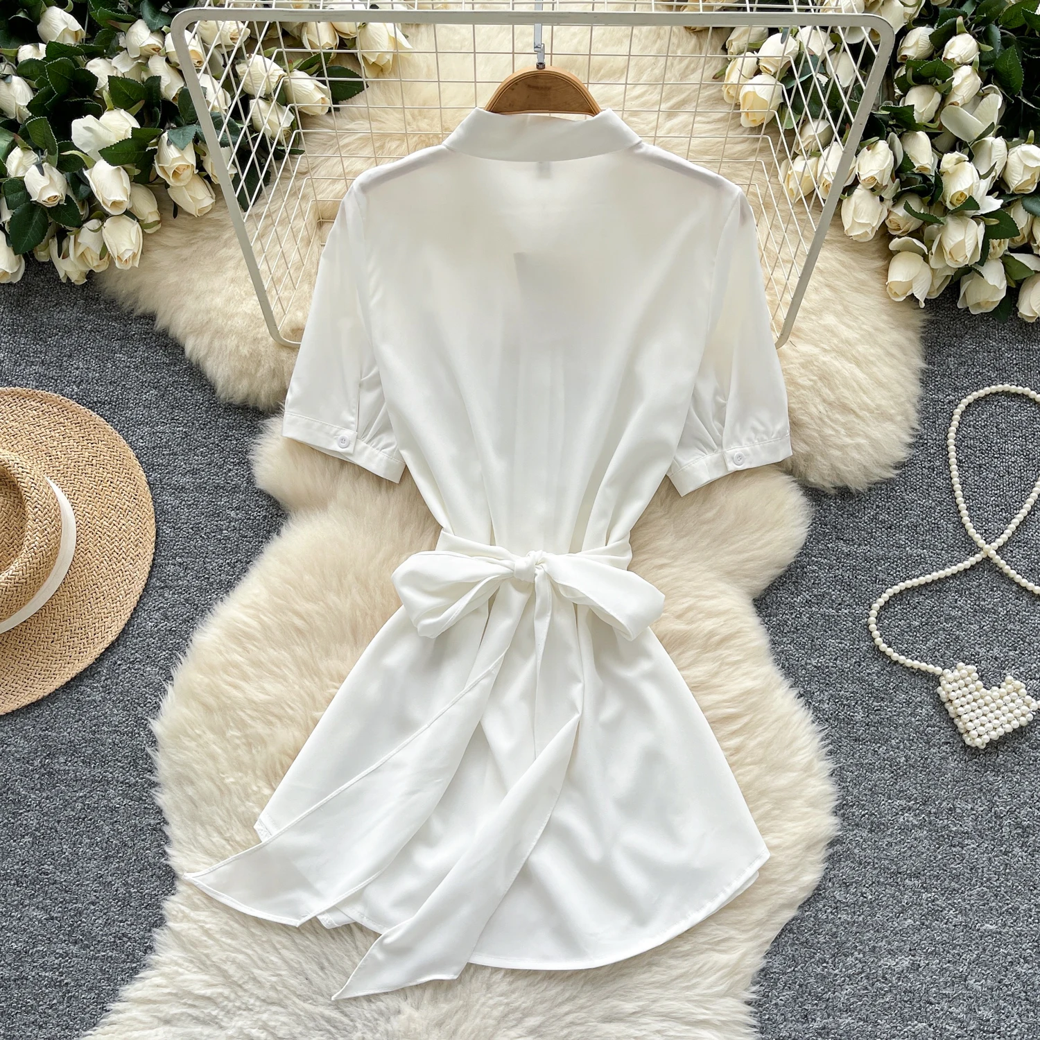 Verão mancha camisa vestido feminino temperamento cor sólida cruz bandagem manga curta casual vestidos curtos viajando roupas femininas