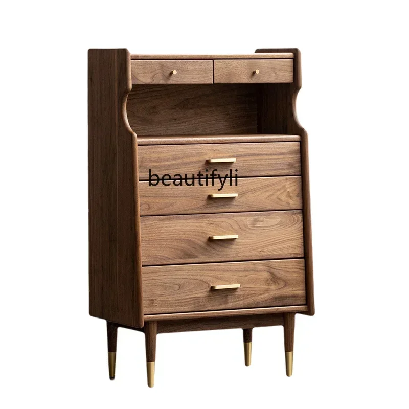 

cqySolid Wood Living Room Chest of Drawers Black Walnut Wooden Storage Cabinet Light Luxury Sofa Copper Feet Side Cabinet