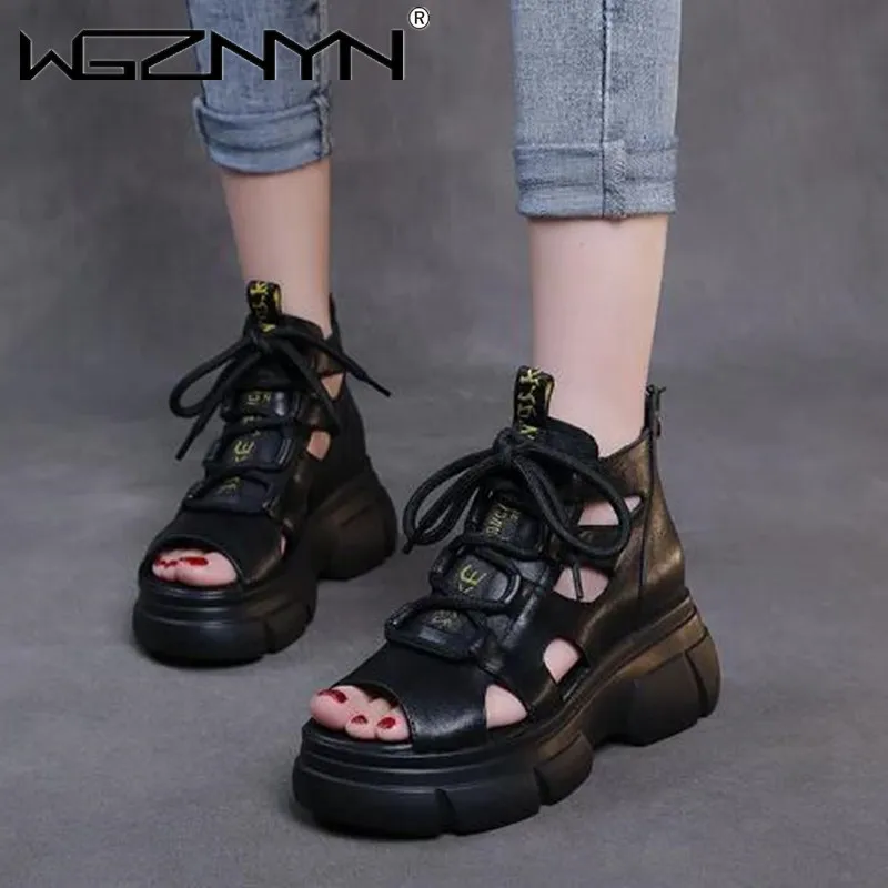 Summer Ladies Retro Sandals Platform High Top Luxury Design Fashion Laces Lace Up Boots Open Toe Soft Sneaker Outdoor Breathable