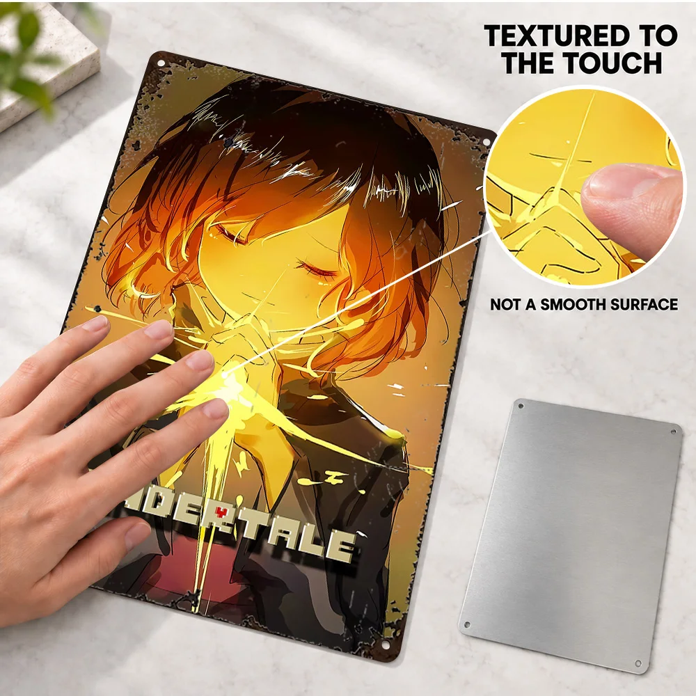 Undertale Textured Metal Poster Personalized Aluminum Sign Child Glowing Gold Heart Graphic Wall Art For Bedroom Game Fan Gift