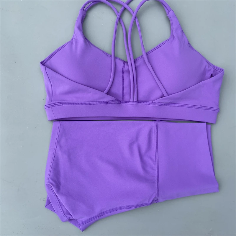 Yoga Shorts Set Gym Sports Set 2 Piece Women Workout Outfit Fitness Suit Cross Straps Bra High Waist Shorts Running Tracksuit