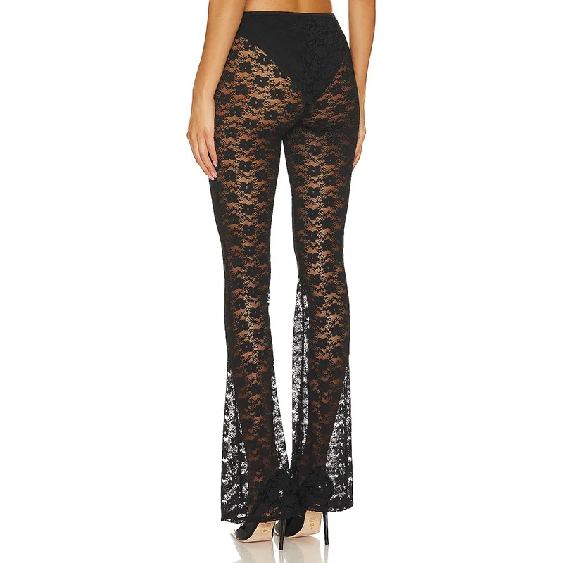 New Fashionable Floral Lace Pants With Versatile High Elasticity And Sexy Perspective Casual Flared Pants