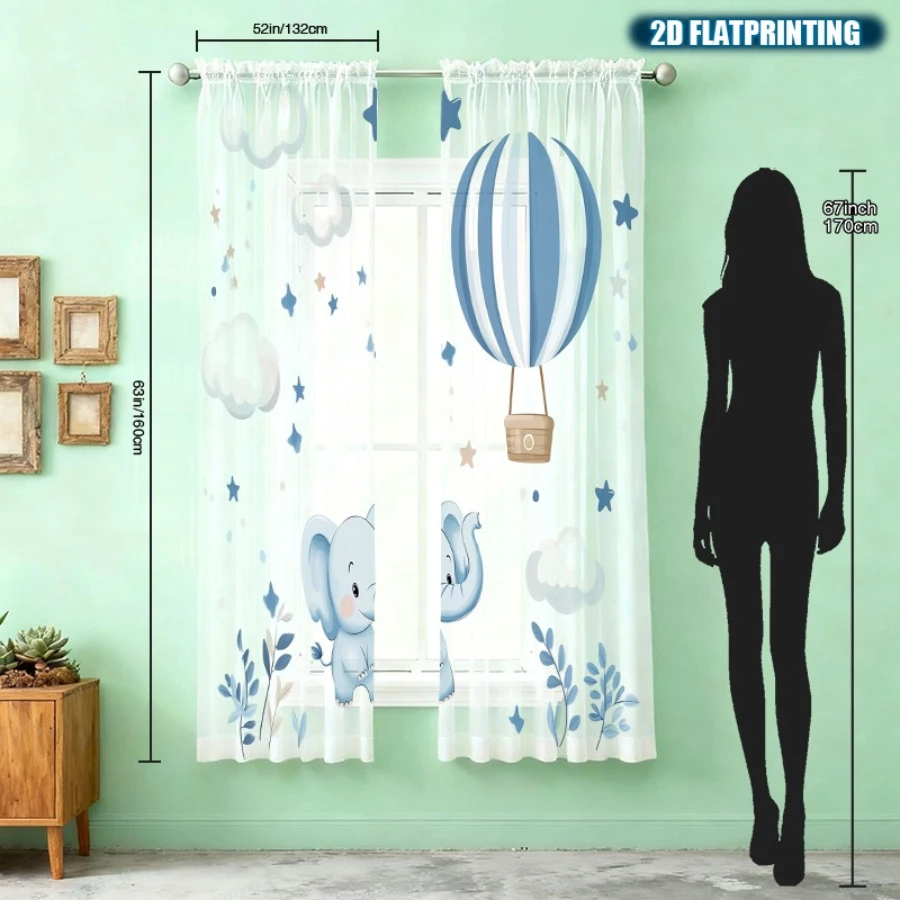 2PCS Digital Print Sheer Curtain, Blue Elephant Hot Air Balloon, Boho Chic Window Curtains for Living Room Bedroom Decor