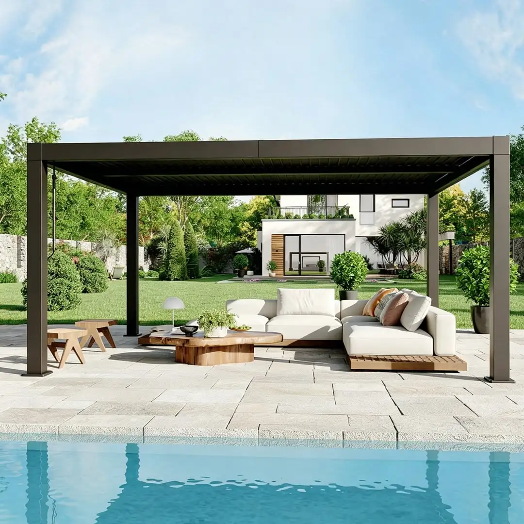 Pérgola Bioclimática de Aluminio Moderna con Techo de Lamas Motorizado para Exteriores, Personalizable al por Mayor, para Protección Solar, de Fácil Instalación