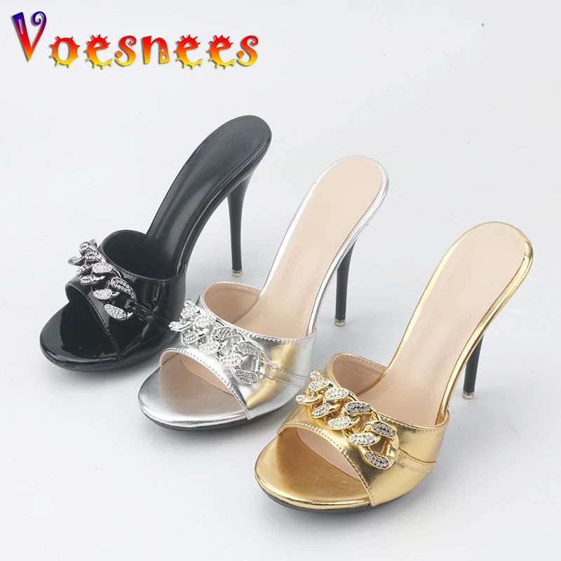 Female Summer High Heels Sexy Open Toes Slippers Luxury Rhinestone Party Dress Shoes Black Slides Sandals Women Mules Plus Size