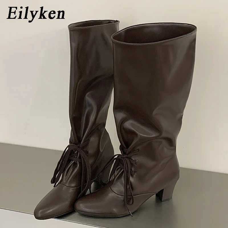 Eilyken Winter Fashion Lace Up Woman Knee High Modern Boots Round Toe Square Heels Ladies Long Booties Shoes Zapatos De Mujer