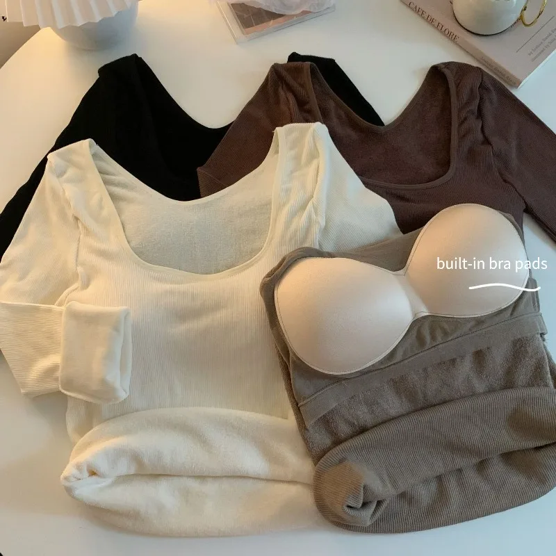 Thick Long Sleeved Shirt with Chest Cushion and Velvet Comfortable and Warm Top for  Winter Looped and Heated Base for Women