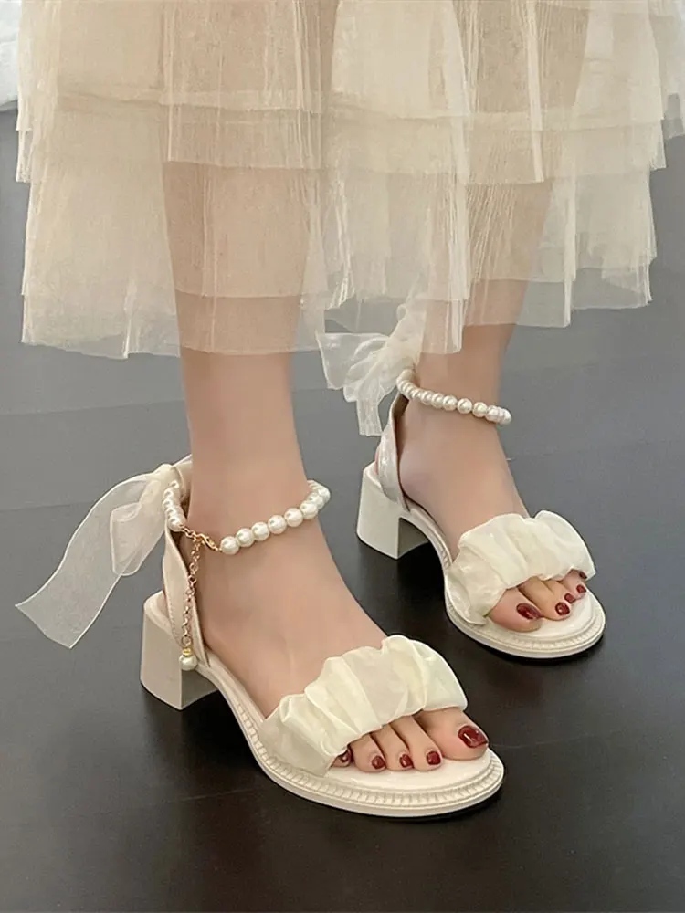 Bow Shoes Beige Heeled Sandals Increasing Height Med 2023 Women\'s Black Fashion High Pearl Medium Clear New Girls Retro Comfort