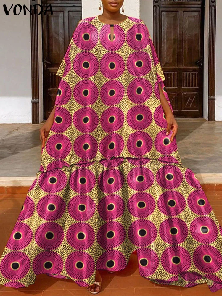 

Plus Size 5XL VONDA 2025 Summer Maxi Dress Bohemian Short Sleeve Printed Dress Vintage Sundress Casual Loose Ruffled Vestido