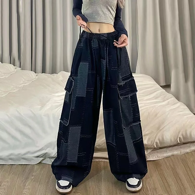 Jeans 2023 Woman Japanese Chic Wide Leg Pants Vintage Patchwork Plaid Pocket Trousers Streetwear Y2k Clothes Pantalon